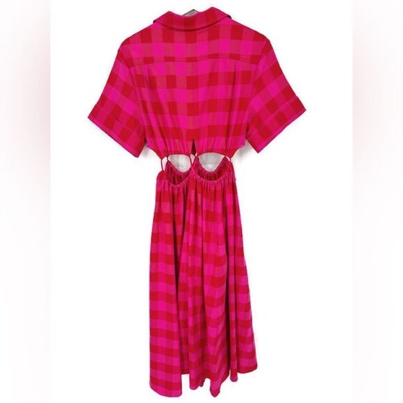 CULT GAIA Keegan Cutout Checked Twill Midi Shirt Dress In Ghermez Rose S - Picture 6 of 11
